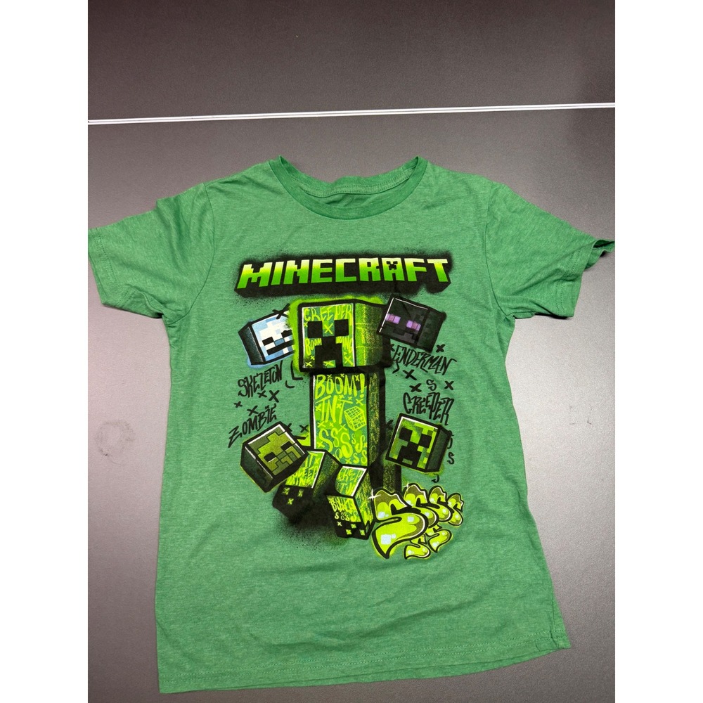 Minecraft Boys‎ Creeper Graffiti Graphic T-Shirt Green Mad Engine Size L 14/16